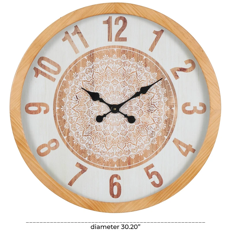 30" Natural Brown & White Mandala Wall Clock