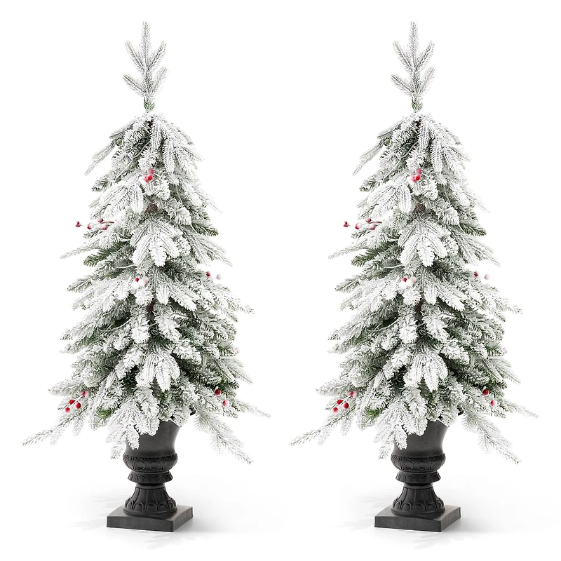 2 Pack 4ft. Pre-Lit Flocked Red Berry Fir Artificial Christmas Porch Tree in Urn, Warm White Lights