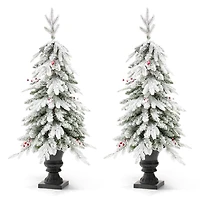 2 Pack 4ft. Pre-Lit Flocked Red Berry Fir Artificial Christmas Porch Tree in Urn, Warm White Lights
