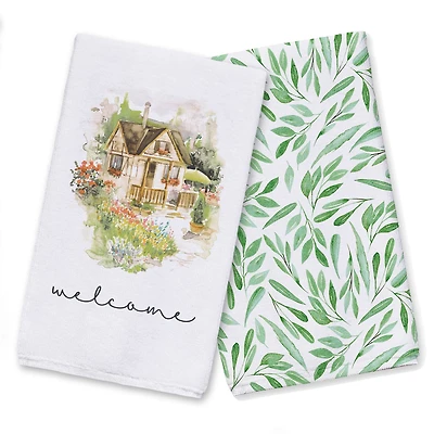 Welcome Watercolor Cottage Tea Towel - Set of 2