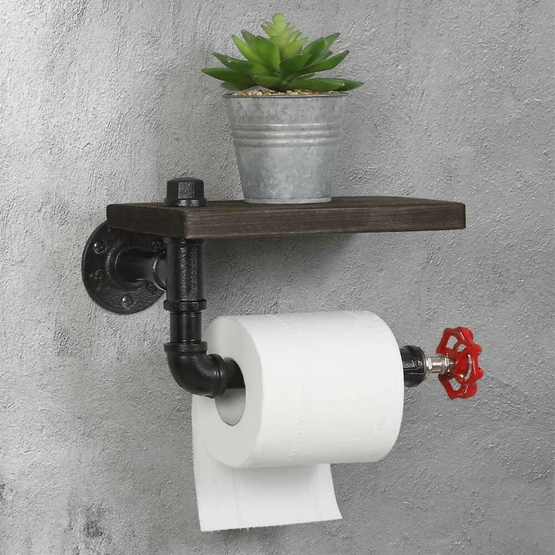 Black Industrial Metal Wall Mounted Toilet Paper Holder with Wood Shelf