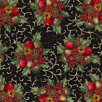 Fabric Traditions Christmas Black Berries & Bells Glitter Cotton Fabric