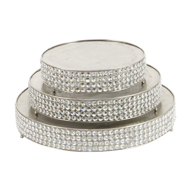 Glam Round Silver Metal and Glass Bead Cake Stand, Set of 3, 3"