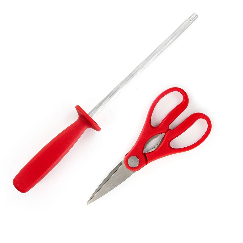 Oster Steffen 14-Piece Red Stainless Steel Cutlery Set with Hardwood Storage Block