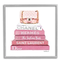 Stupell Industries Pink Book Stack Fashion Handbag in Gray Frame Wall Art