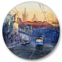 Designart - Blue Tram At Sunset With Church During Sunset