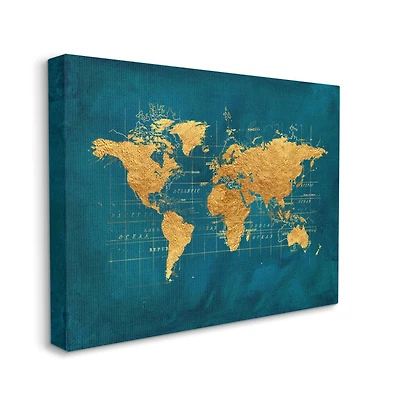 Stupell Industries World Map Gold Blue Texture Watercolor Chart Design Canvas Wall Art