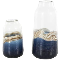 Dark Blue Glass Abstract Textured Swirl Decorative Vase Set with Gold & Cream Accents