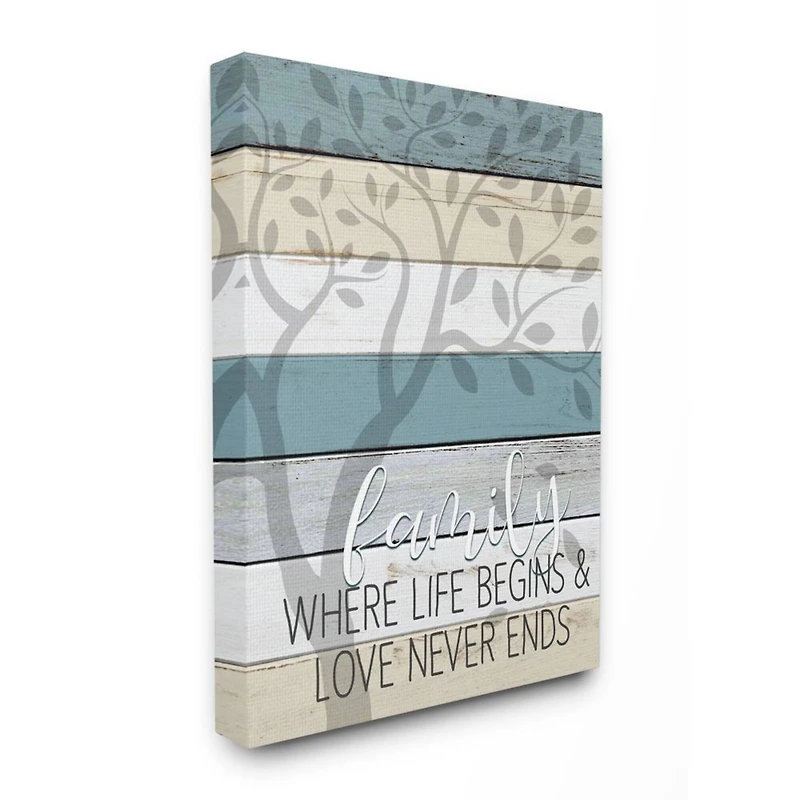 Stupell Industries Family Begin and End Quote Tree Wood Grain Blue Tan Phrase Canvas Wall Art