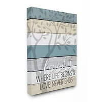 Stupell Industries Family Begin and End Quote Tree Wood Grain Blue Tan Phrase Canvas Wall Art