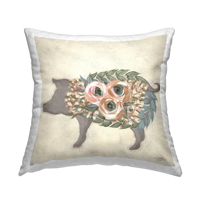 Stupell Industries Charming Farm Pig Green Pink Floral Body Throw Pillow 18" x 18"
