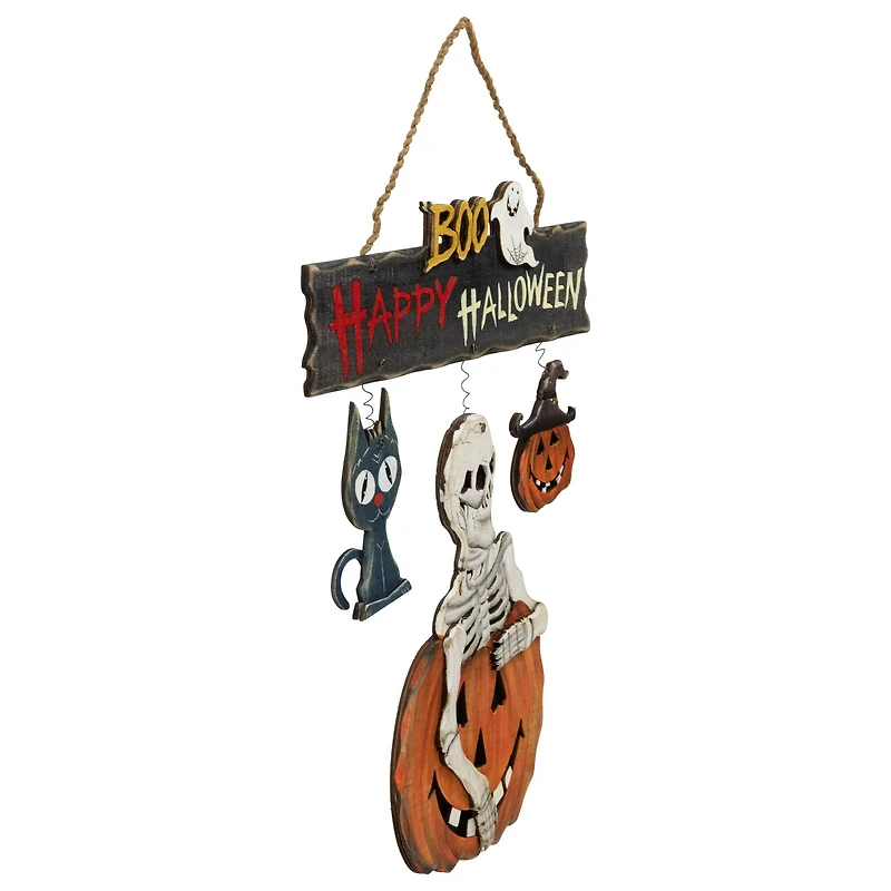 15" Skeleton with Jack-O-Lanterns & Black Cat Happy Halloween Hanging Sign