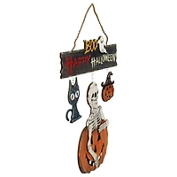15" Skeleton with Jack-O-Lanterns & Black Cat Happy Halloween Hanging Sign