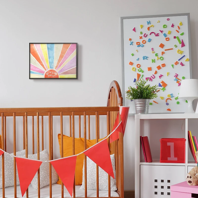 Stupell Industries Be a Kind Human Phrase Rainbow Sunbursts Framed Wall Art