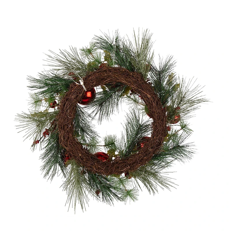 Glitzhome® 24" Pre-Lit Berry, Holly, Pinecone & Red Ornament LED Wreath