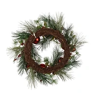 Glitzhome® 24" Pre-Lit Berry, Holly, Pinecone & Red Ornament LED Wreath