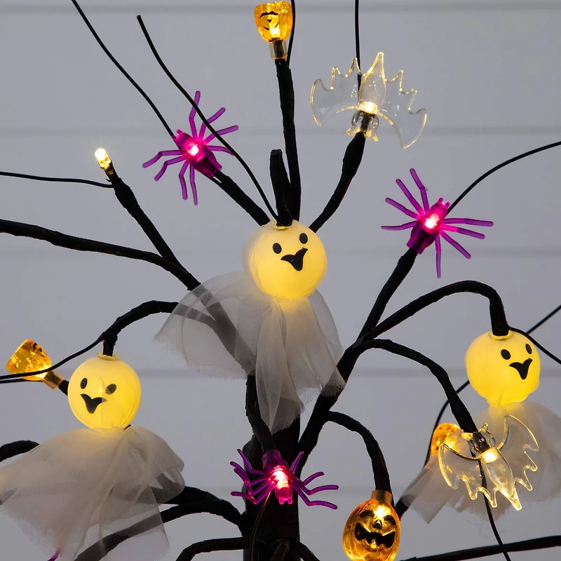 18in. Pre-Lit Artificial Halloween Ghost Dolls, Spiders, Bats & Pumpkins 24 LED Lighted Ornament Tree