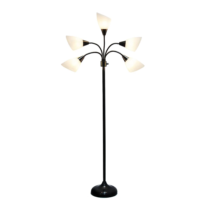 Simple Designs™ 5.5ft. 5-Light Gooseneck Black Floor Lamp with White Shades