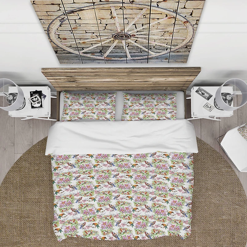 Designart 'Pattern with Flowers and Birds' Cabin & Lodge Bedding Set