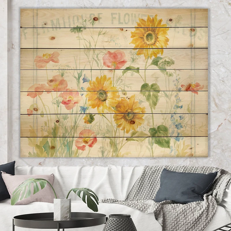 Designart - Floursack Florals I - Floral & Botanical Print on Natural Pine Wood