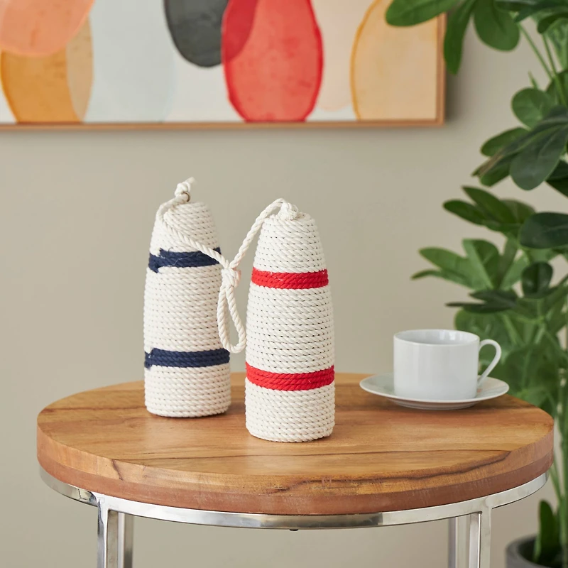 9.5" White Buoy Handmade Coiled Striped Rope Sculpture