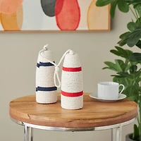 9.5" White Buoy Handmade Coiled Striped Rope Sculpture