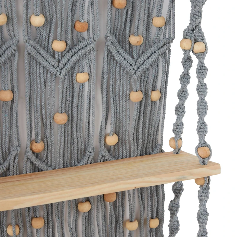 The Novogratz Gray Cotton Handmade 2 Shelves Macrame Wall Shelf 25" x 6" x 47"