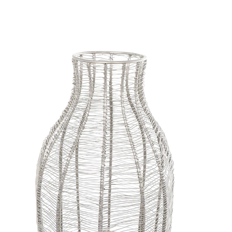 24" Silver Metal Vase with Woven Black Rattan Base