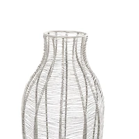 24" Silver Metal Vase with Woven Black Rattan Base