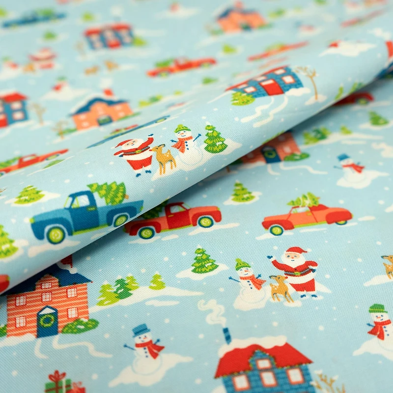 SINGER Christmas Holiday Santa's Village Blue Cotton Fabric