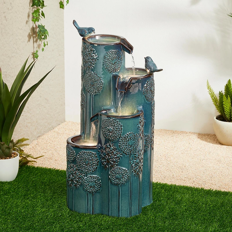 Glitzhome® 31.75" Turquoise 4-Tier Dandelion Texture Vase-Shaped Ceramic Outdoor Fountain with LED Light
