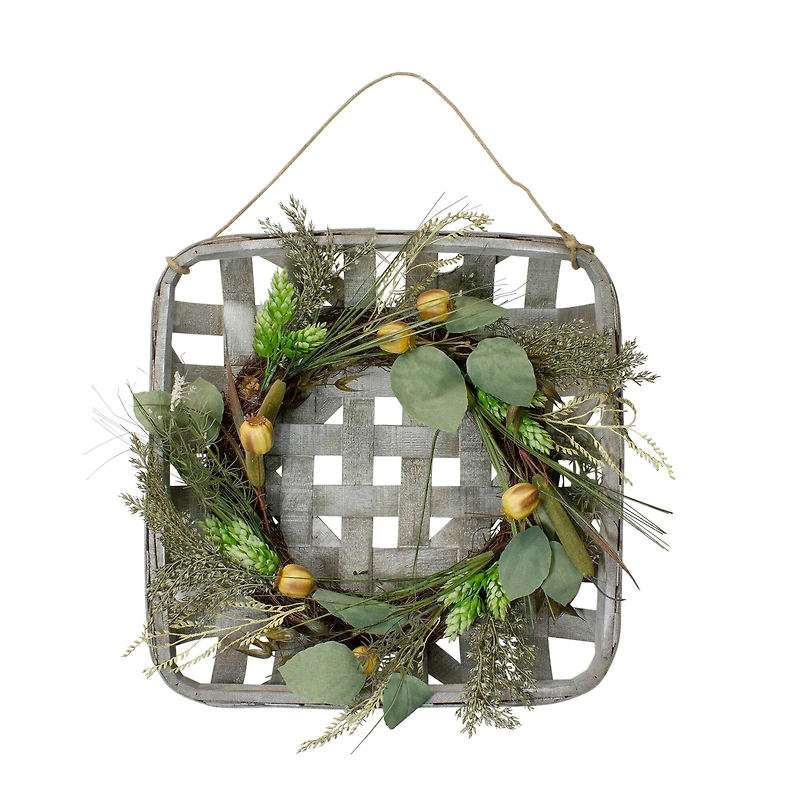 18" Green Hop & Cattail Grapevine Wreath in a Wooden Tray Hanger