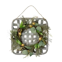 18" Green Hop & Cattail Grapevine Wreath in a Wooden Tray Hanger
