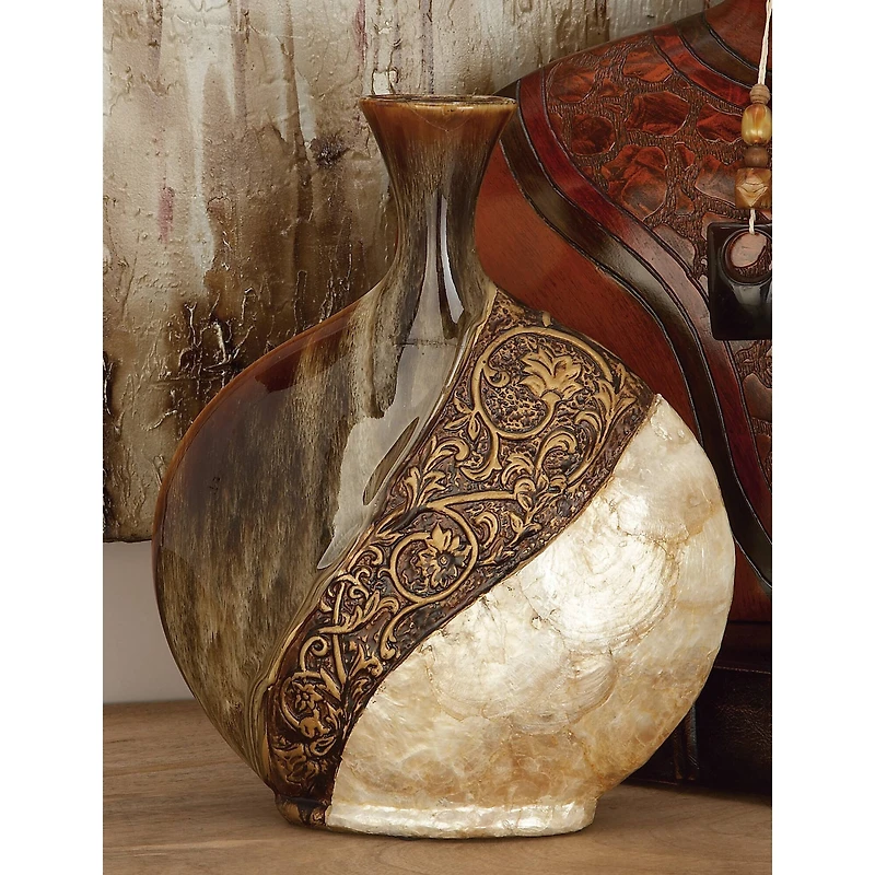 Brown Ceramic Traditional Vase, 14" x 11" x 3"