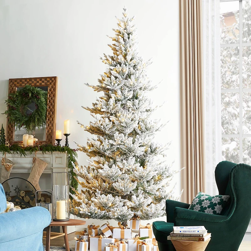 Glitzhome® 9ft Pre-Lit Flocked Upward Slim Fir Artificial Christmas Tree, Warm White LED Lights