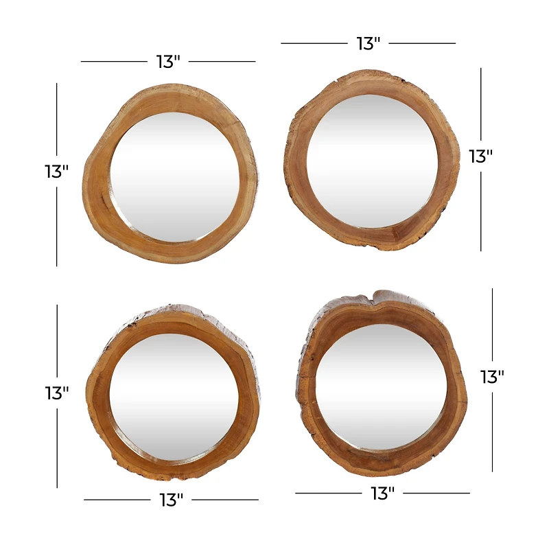 13" Brown Teak Wood Rustic Wall Mirror, 4ct.