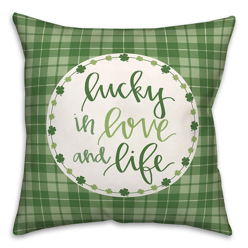 Luck, Love & Life Plaid Clover Wreath Throw Pillow