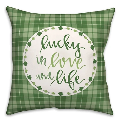 Luck, Love & Life Plaid Clover Wreath Throw Pillow