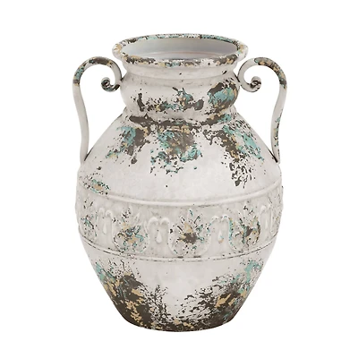 White Metal Vintage Vase, 15" x 12" x 12"