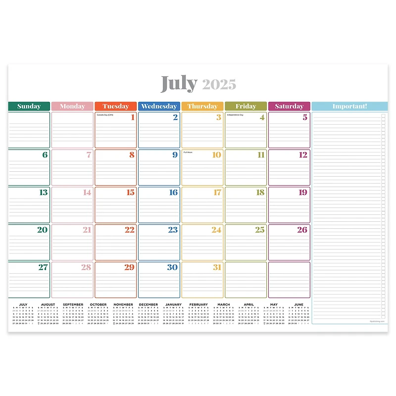July 2025 - June 2026 Medium Rainbow Blocks Desk Pad Monthly Blotter Calendar