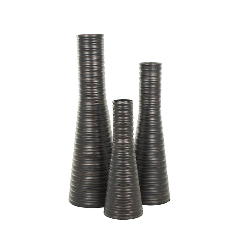 Bronze Ribbed Tall Cone Floor Vase with Horizontal Grooves Set