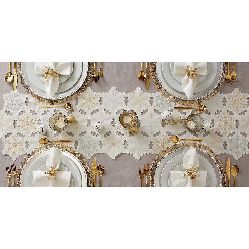 DII® 54" White and Gold Embroidered Snowflakes Table Runner
