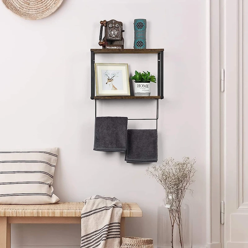 Brown Wood Wall Mount Bathroom 2 Tier Towel Shelf