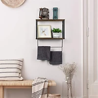 Brown Wood Wall Mount Bathroom 2 Tier Towel Shelf 