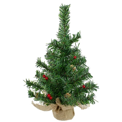 16" Unlit Red Berries & Pinecones Artificial Christmas Tree in Burlap Base