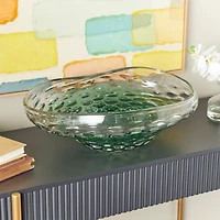 18" Handmade Green Ombre Abstract Wavy Glass Bowl with Bubble Texturing