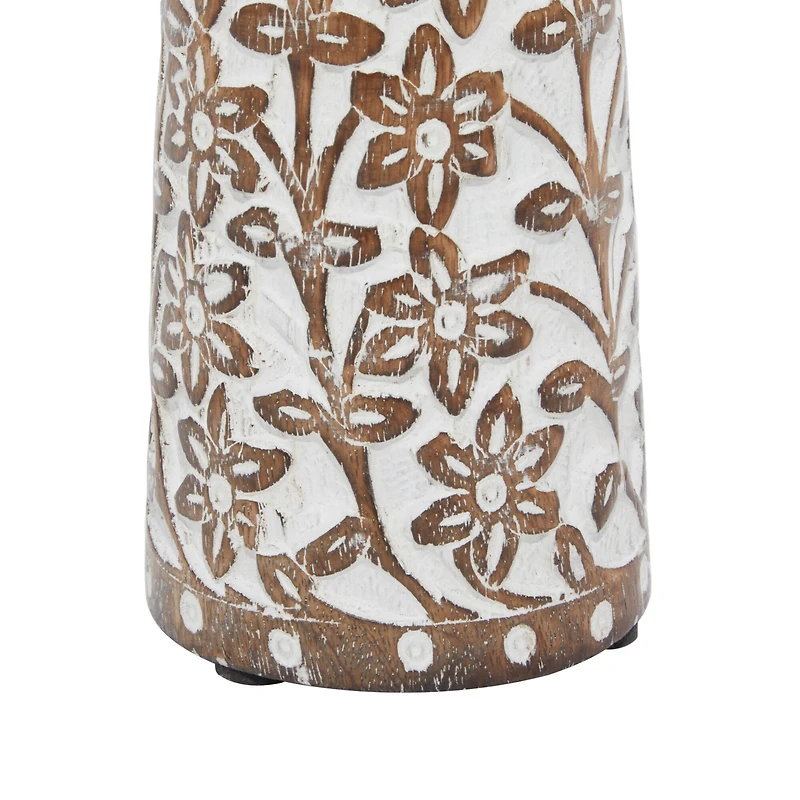 Brown & White Mango Wood Floral Candle Holder Set
