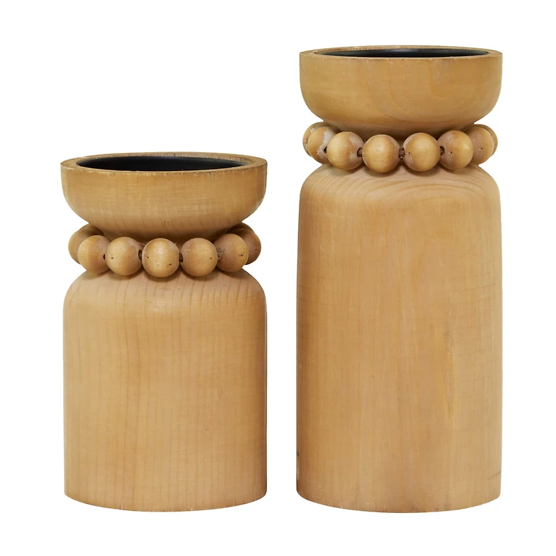 Brown Wood Beaded Pillar Candle Holder Set