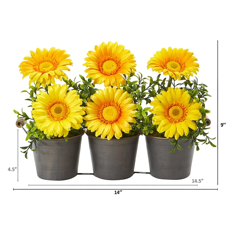 14" Gerbera Daisy Artificial Arrangement in Trio Metal Vase