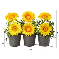 14" Gerbera Daisy Artificial Arrangement in Trio Metal Vase